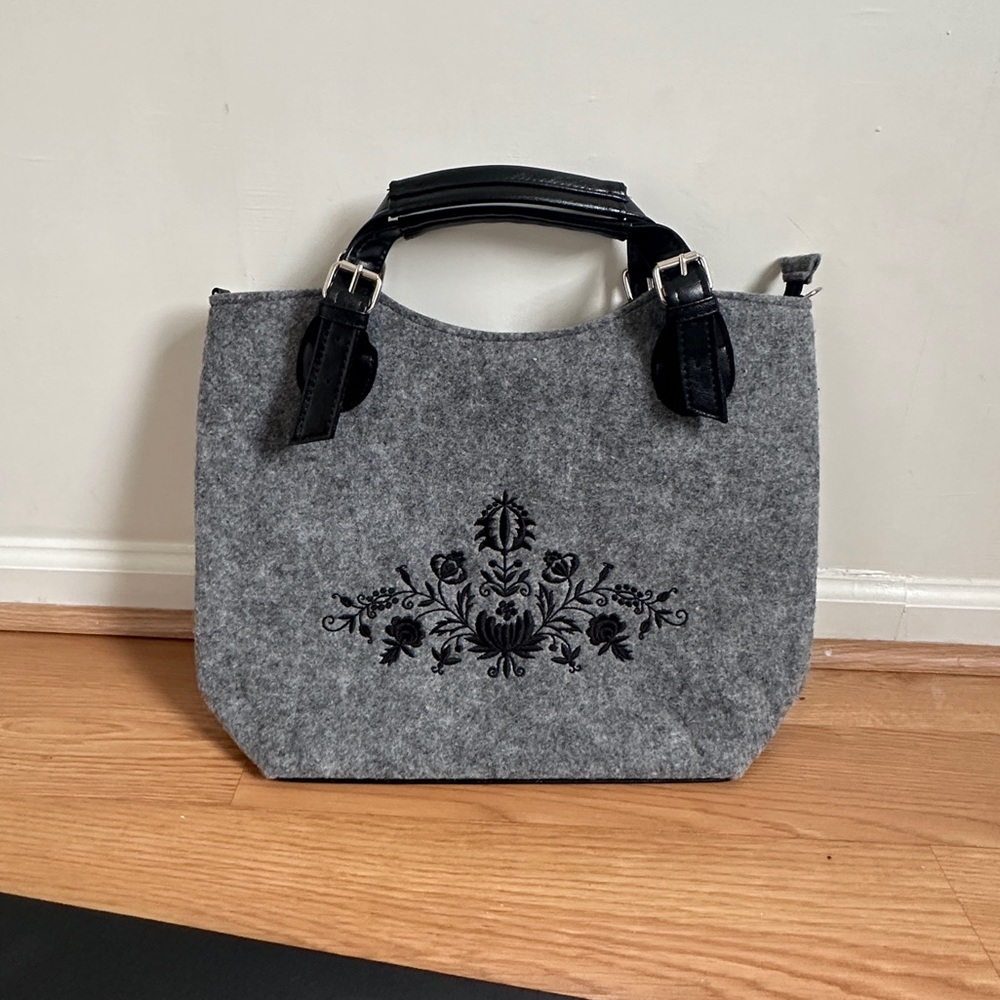 Handmade European Felt Handbag with Floral Embroidery, Gray/Black
